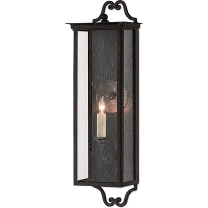 Giatti Outdoor Wall Sconce by Currey and Company in midnight (pure black). Made from wrought iron, glass in a traditional style.
