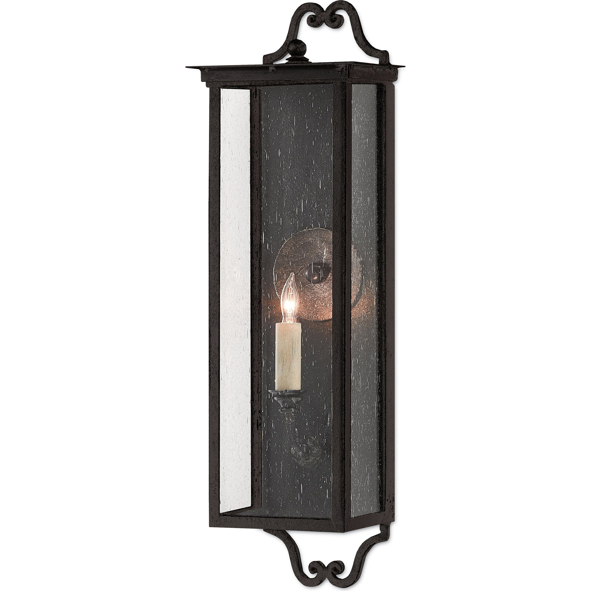 Giatti Outdoor Wall Sconce by Currey and Company in midnight (pure black). Made from wrought iron, glass in a traditional style.