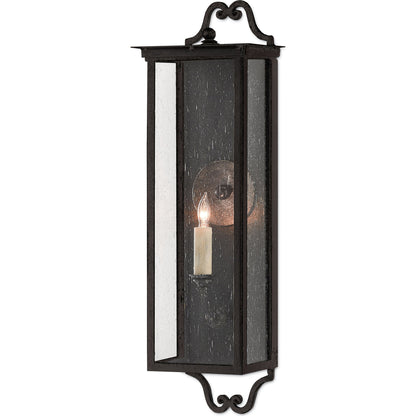 Giatti Outdoor Wall Sconce by Currey and Company in midnight (pure black). Made from wrought iron, glass in a traditional style.