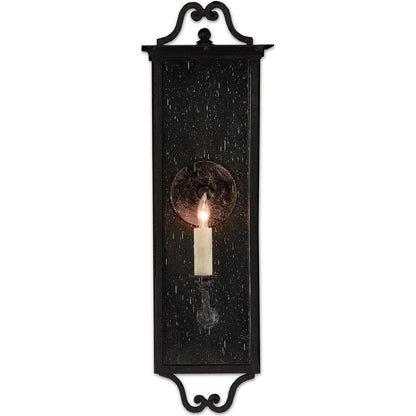 Giatti Outdoor Wall Sconce by Currey and Company in midnight (pure black). Made from wrought iron, glass in a traditional style.