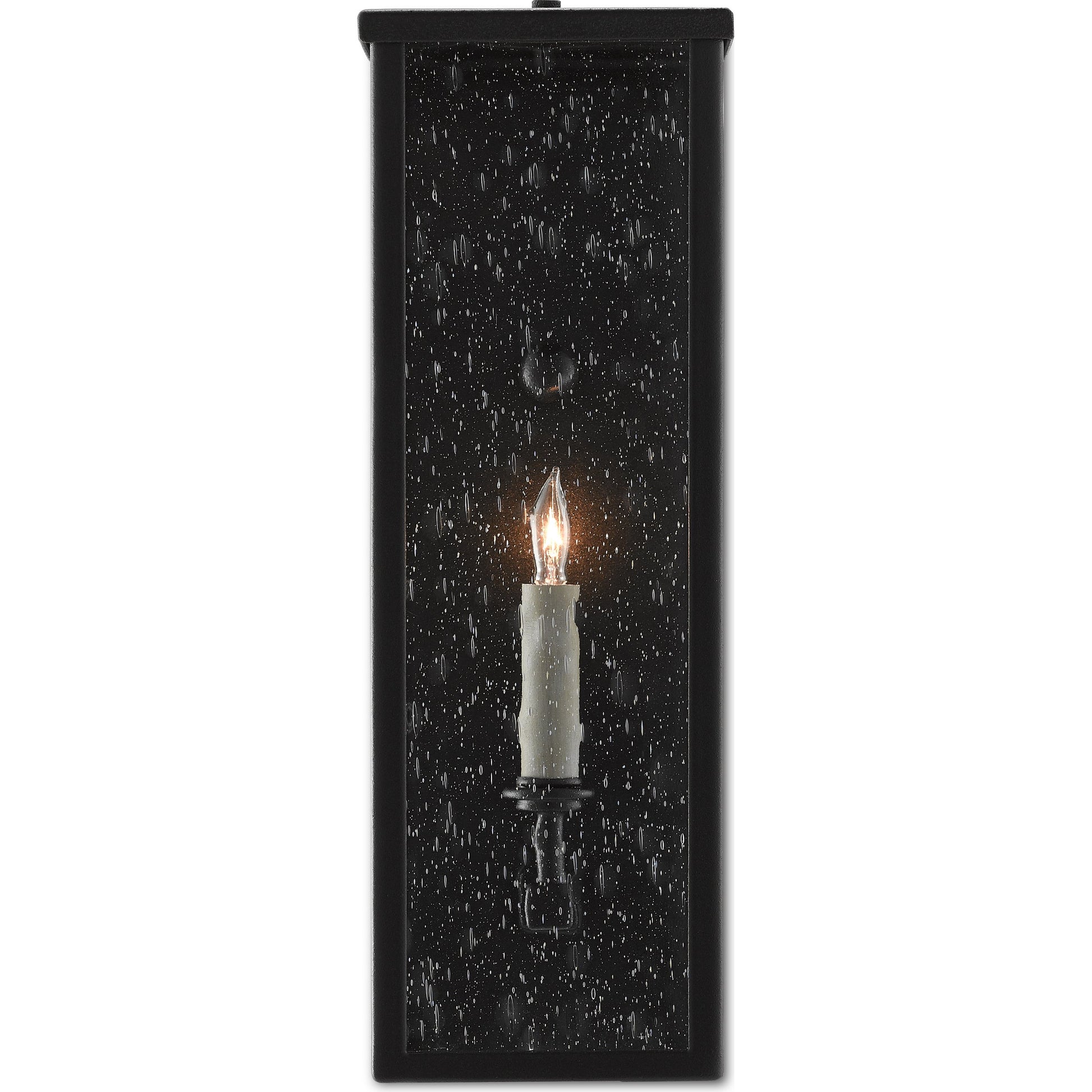 Tanzy Outdoor Wall Sconce by Currey and Company in midnight. Made from wrought iron, seeded glass in a transitional style.