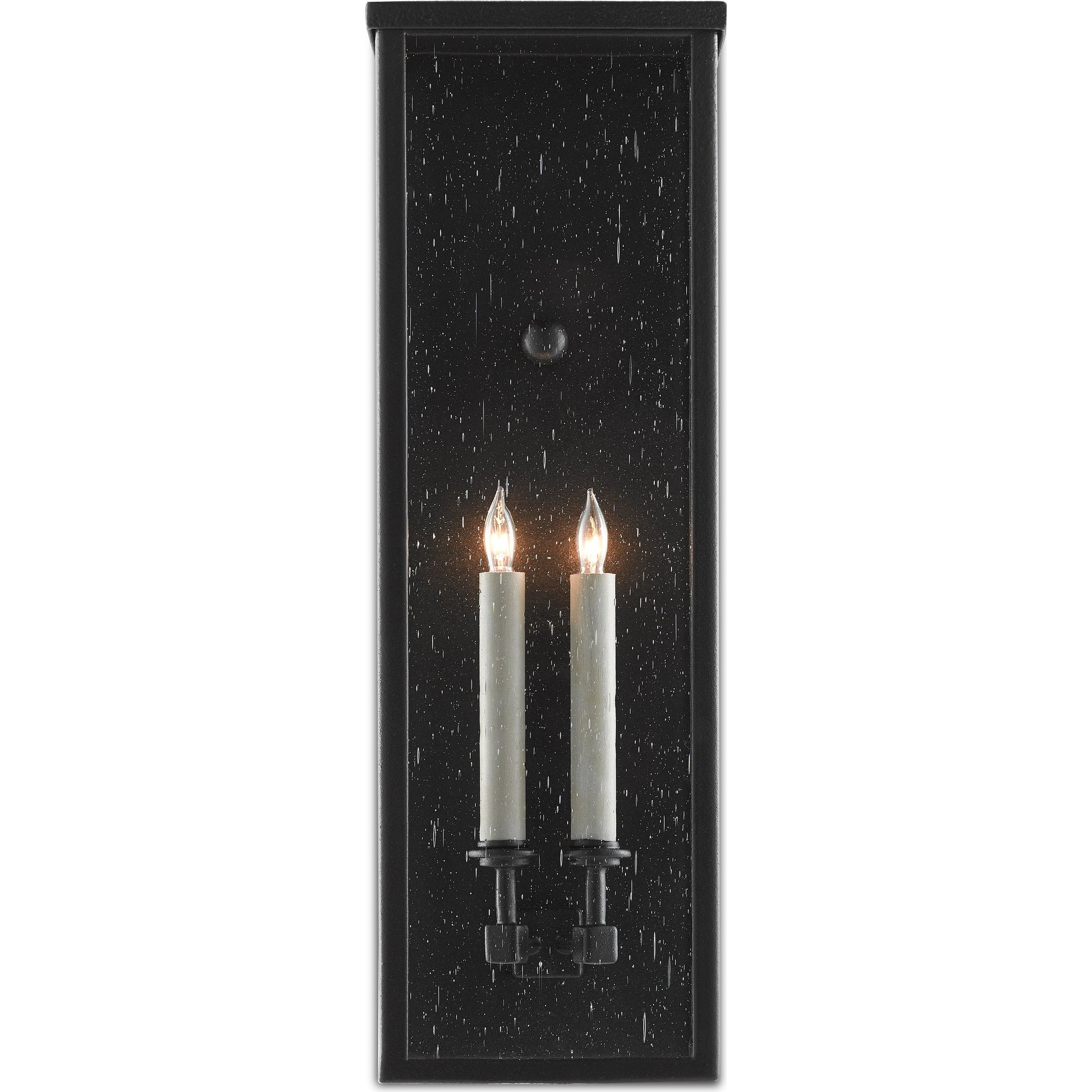 Tanzy Outdoor Wall Sconce by Currey and Company in midnight. Made from wrought iron, seeded glass in a transitional style.
