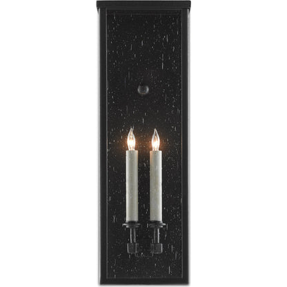Tanzy Outdoor Wall Sconce by Currey and Company in midnight. Made from wrought iron, seeded glass in a transitional style.