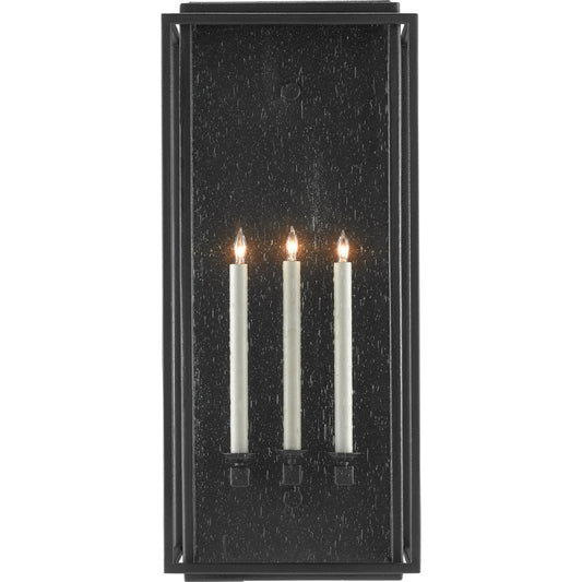 Wright Outdoor Wall Sconce by Currey and Company in midnight. Made from wrought iron, seeded glass in a transitional style.