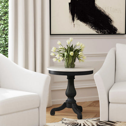 Danielle  Pedestal Side Table by Butler Specialty Company in black and washed black. Made from marble , mahogany wood, plywood in a modern style.