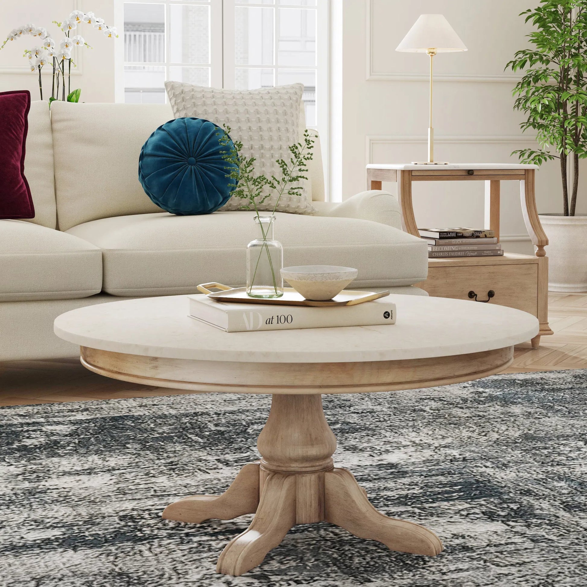 Danielle Round Coffee Table by Butler Specialty Company. Made from marble, mahogany wood, plywood in a cottage & farmhouse style.