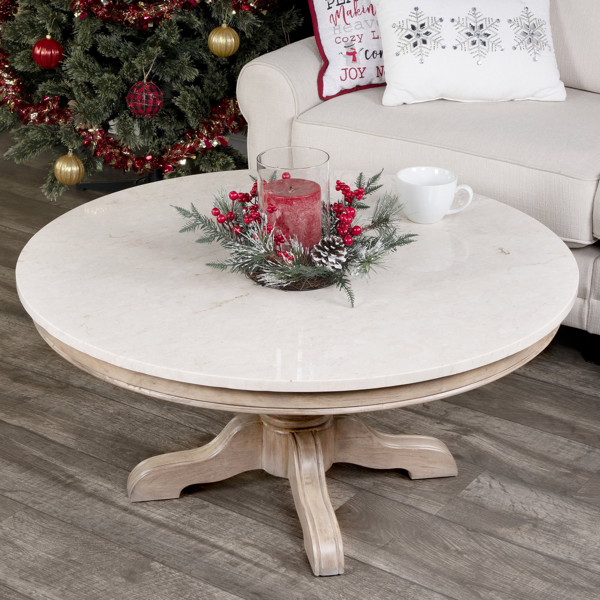 Danielle Round Coffee Table by Butler Specialty Company. Made from marble, mahogany wood, plywood in a cottage & farmhouse style.
