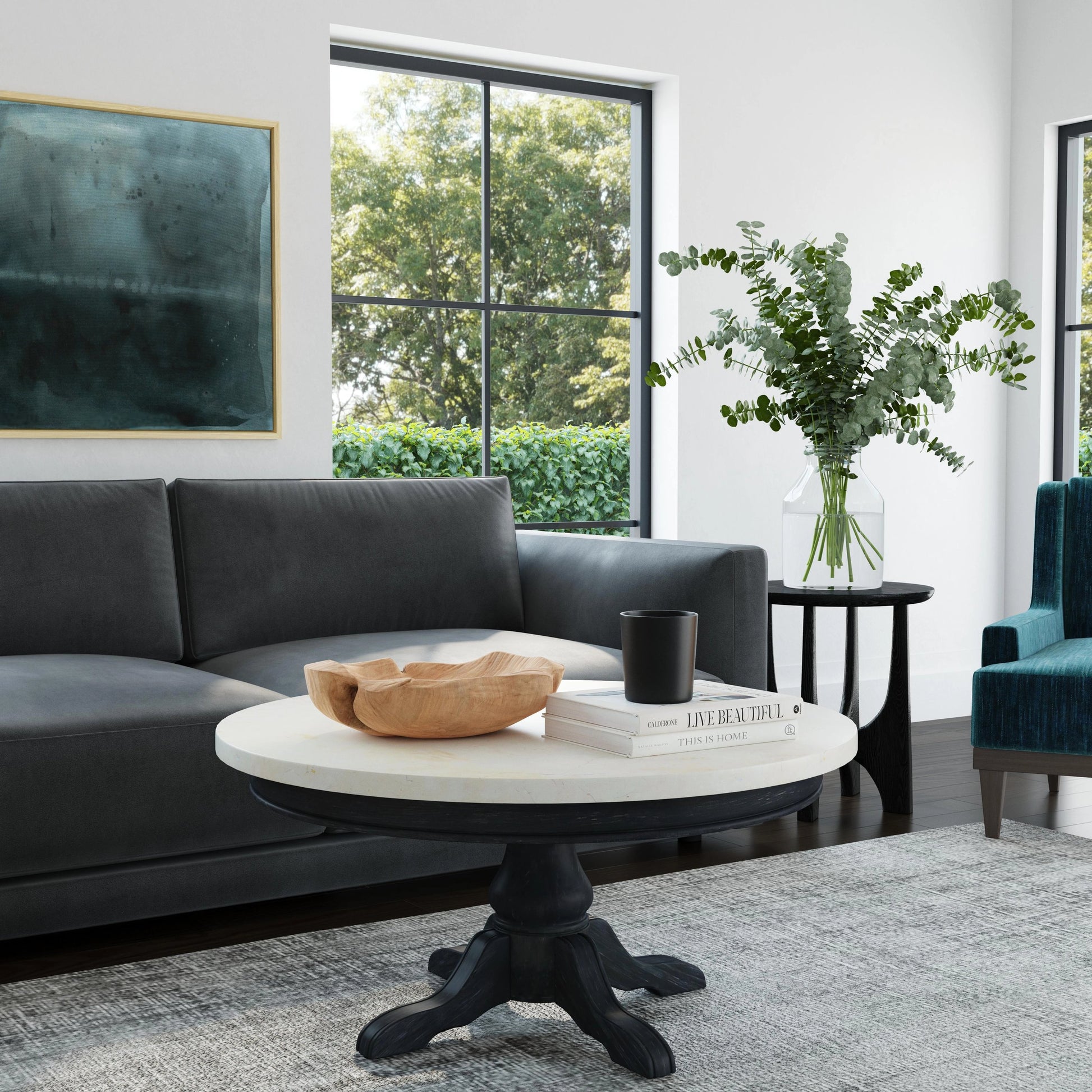 Danielle Round Coffee Table by Butler Specialty Company. Made from marble, mahogany wood, plywood in a cottage & farmhouse style.