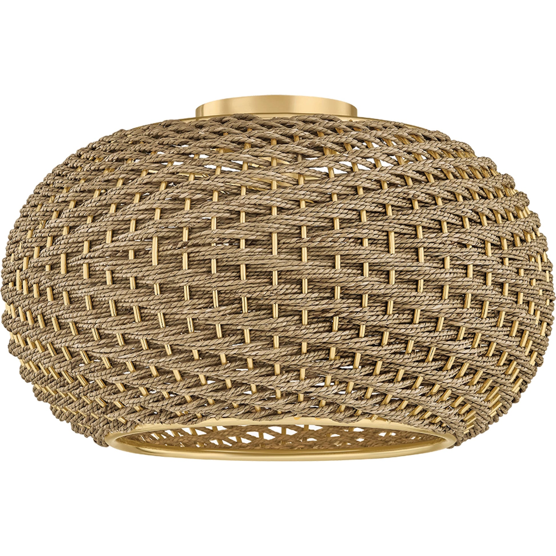 Penarth Flush Mount by Hudson Valley in aged brass. Made from natural woven in a rustic style.