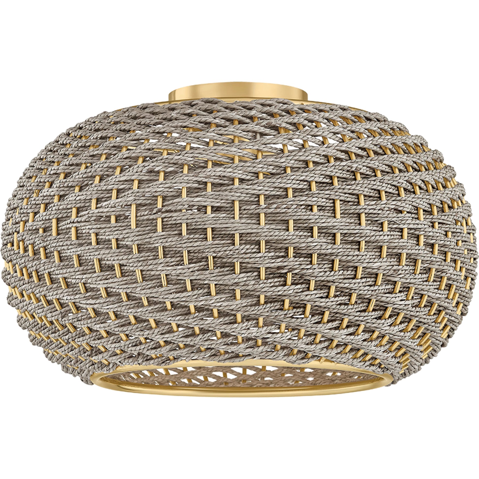 Penarth Flush Mount by Hudson Valley in aged brass. Made from natural woven in a rustic style.