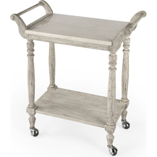 Danielle Serving Cart by Butler Specialty Company in gray and rustic gray. Made from marble, mahogany wood, mdf, mahogany veneer, plywood in a cottage & farmhouse style.