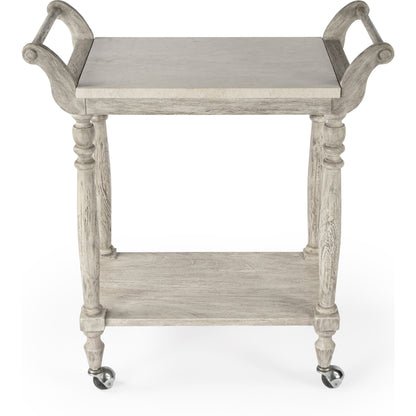 Danielle Serving Cart by Butler Specialty Company in gray and rustic gray. Made from marble, mahogany wood, mdf, mahogany veneer, plywood in a cottage & farmhouse style.