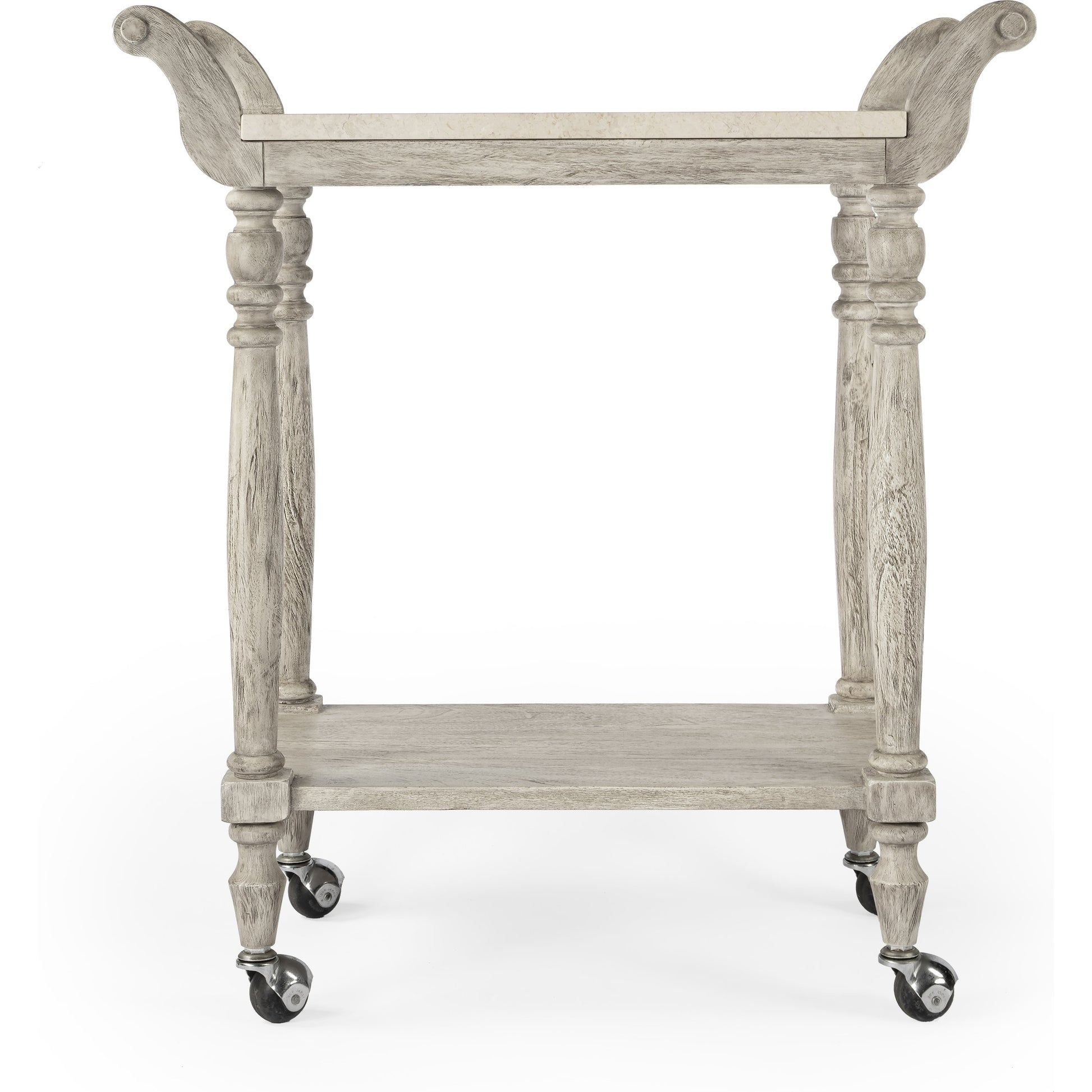 Danielle Serving Cart by Butler Specialty Company in gray and rustic gray. Made from marble, mahogany wood, mdf, mahogany veneer, plywood in a cottage & farmhouse style.