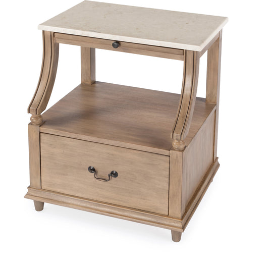 Mabel Marble 1 Drawer Nightstand by Butler Specialty Company in tan/beige and sandalwood beige. Made from marble, mahogany wood, mdf, mahogany veneer, plywood in a cottage & farmhouse style.