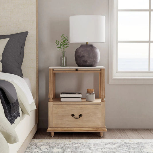 Mabel Marble 1 Drawer Nightstand by Butler Specialty Company in tan/beige and sandalwood beige. Made from marble, mahogany wood, mdf, mahogany veneer, plywood in a cottage & farmhouse style.