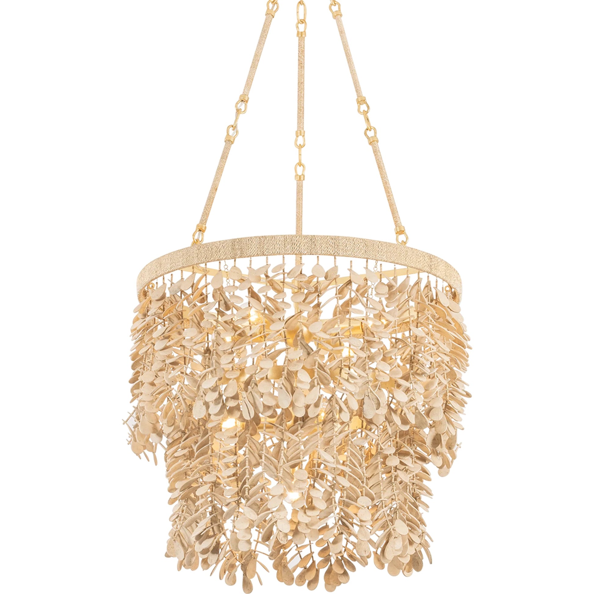 Naxos Chandelier by Corbett in vintage gold leaf. Made from unique in a modern style.