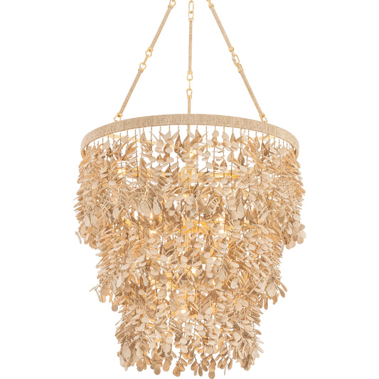 Naxos Chandelier by Corbett in vintage gold leaf. Made from unique in a modern style.