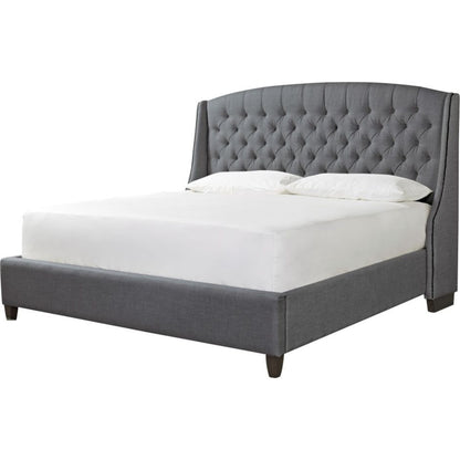 Halston Bed by Universal Furniture in linen and graphite. Made from blended linen-stone-50% linen, 50% polyester in a traditional style.