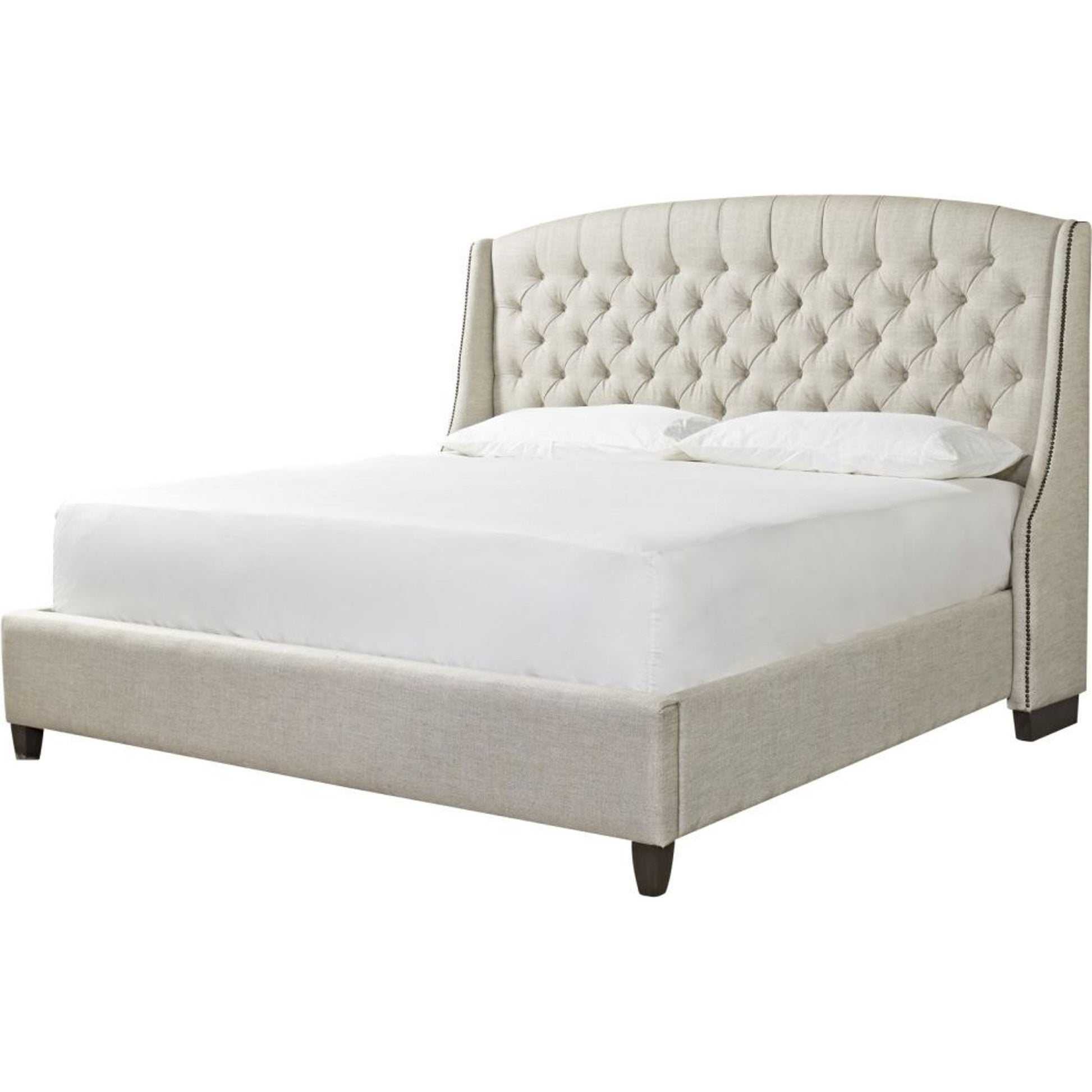 Halston Bed by Universal Furniture in linen and graphite. Made from blended linen-stone-50% linen, 50% polyester in a traditional style.