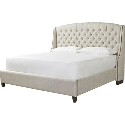 Halston Bed by Universal Furniture in linen and graphite. Made from blended linen-stone-50% linen, 50% polyester in a traditional style.