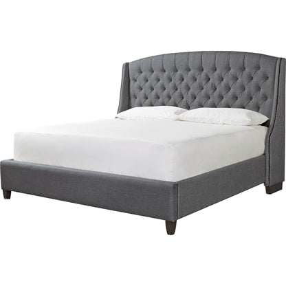 Halston Bed by Universal Furniture in linen and graphite. Made from blended linen-stone-50% linen, 50% polyester in a traditional style.