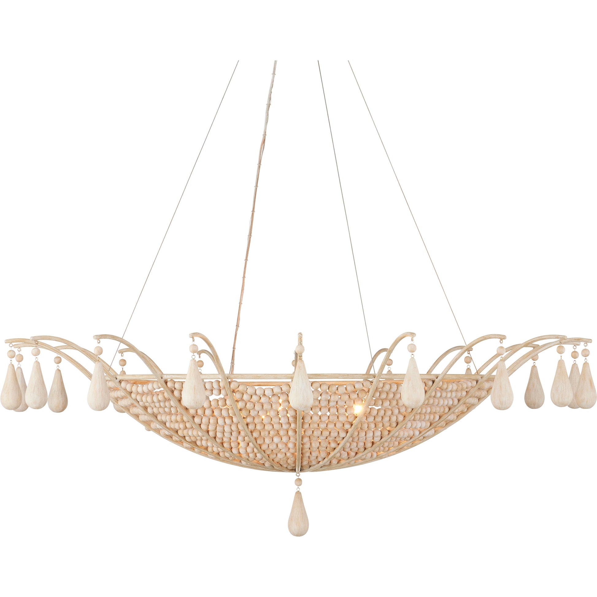 Korg Chandelier by Currey and Company in sandstone. Made from wood beads, wrought iron in a cottage & farmhouse style.