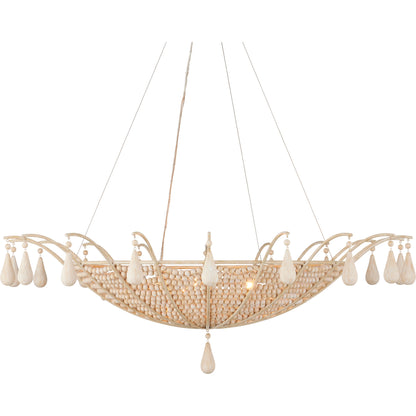 Korg Chandelier by Currey and Company in sandstone. Made from wood beads, wrought iron in a cottage & farmhouse style.