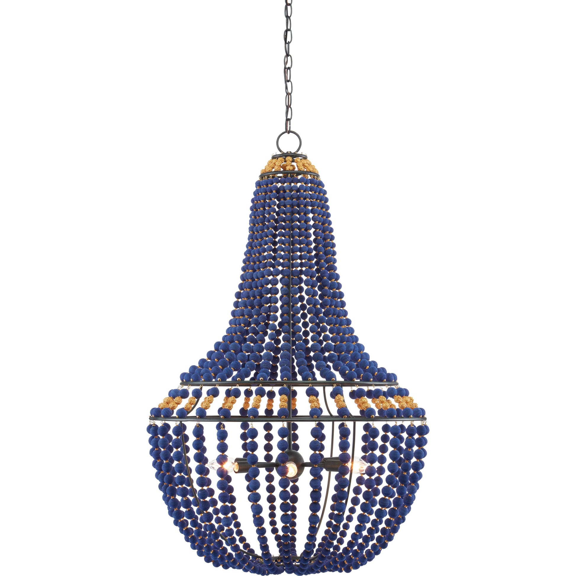 Penelope Chandelier by Currey and Company in beige, antique brass. Made from iron, fabric, brass in a coastal style.