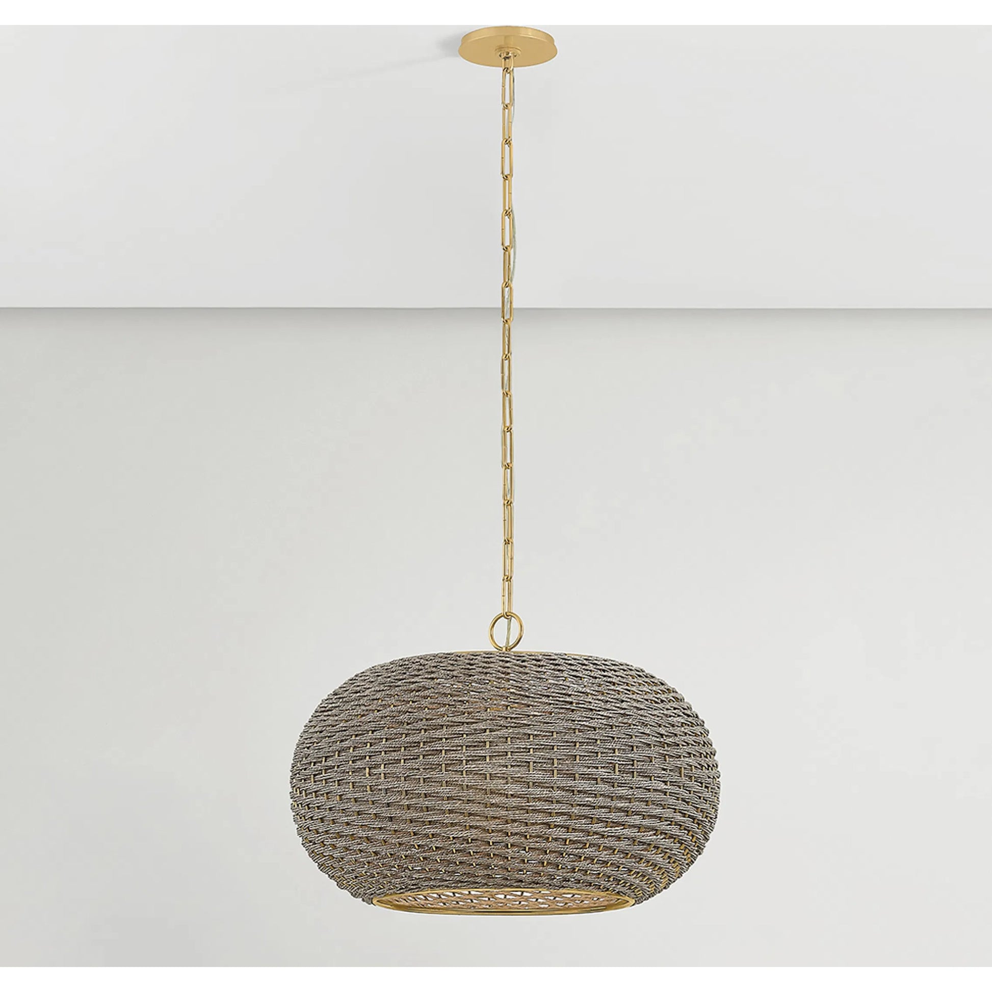 Penarth Pendant by Hudson Valley in aged brass. Made from natural woven in a rustic style.