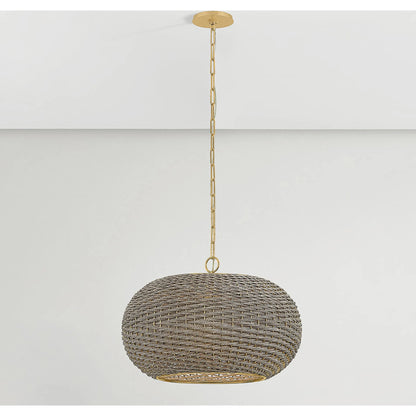 Penarth Pendant by Hudson Valley in aged brass. Made from natural woven in a rustic style.
