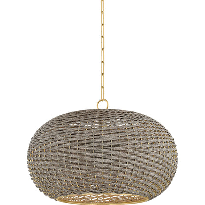 Penarth Pendant by Hudson Valley in aged brass. Made from natural woven in a rustic style.