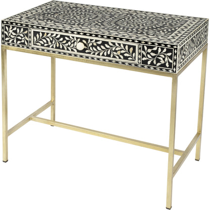 Perilla Writing Desk by Butler Specialty Company in black and white,gold and black bone. Made from bone inlay, mdf, resin, iron, mango wood in a eclectic & global style.