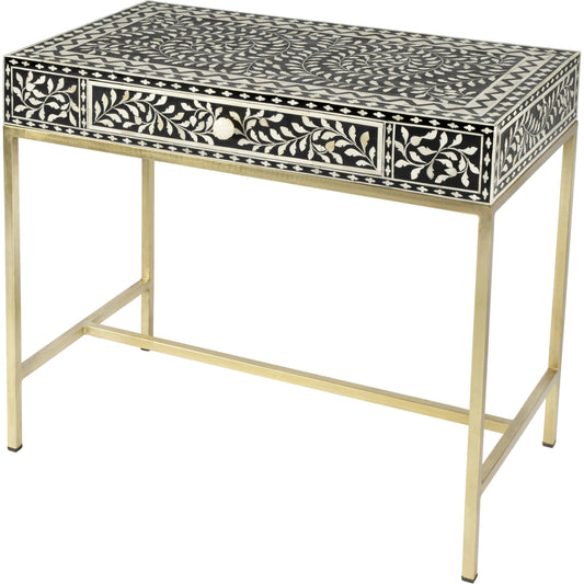 Perilla Writing Desk by Butler Specialty Company in black and white,gold and black bone. Made from bone inlay, mdf, resin, iron, mango wood in a eclectic & global style.