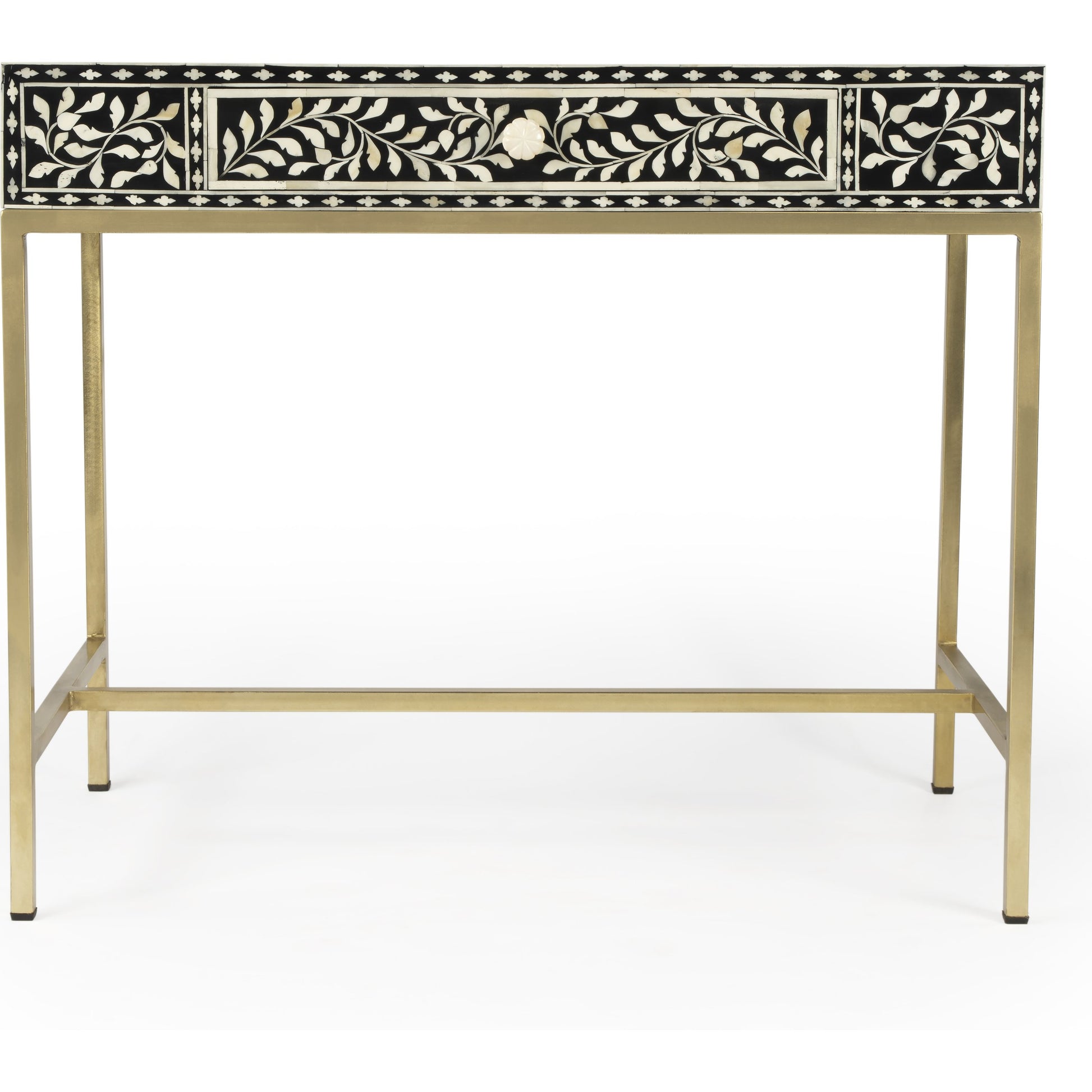 Perilla Writing Desk by Butler Specialty Company in black and white,gold and black bone. Made from bone inlay, mdf, resin, iron, mango wood in a eclectic & global style.