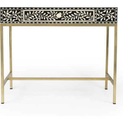 Perilla Writing Desk by Butler Specialty Company in black and white,gold and black bone. Made from bone inlay, mdf, resin, iron, mango wood in a eclectic & global style.