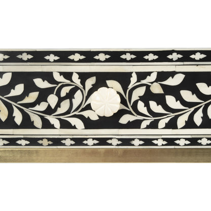 Perilla Writing Desk by Butler Specialty Company in black and white,gold and black bone. Made from bone inlay, mdf, resin, iron, mango wood in a eclectic & global style.