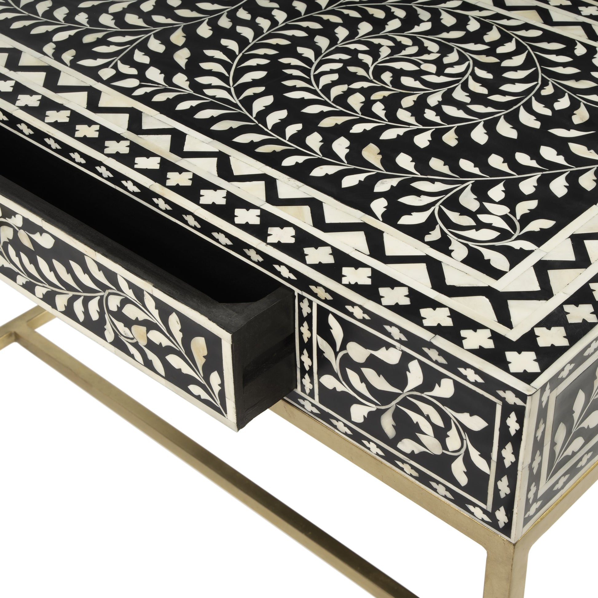 Perilla Writing Desk by Butler Specialty Company in black and white,gold and black bone. Made from bone inlay, mdf, resin, iron, mango wood in a eclectic & global style.