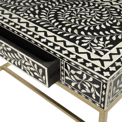 Perilla Writing Desk by Butler Specialty Company in black and white,gold and black bone. Made from bone inlay, mdf, resin, iron, mango wood in a eclectic & global style.