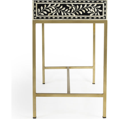 Perilla Writing Desk by Butler Specialty Company in black and white,gold and black bone. Made from bone inlay, mdf, resin, iron, mango wood in a eclectic & global style.