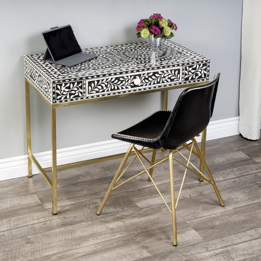 Perilla Writing Desk by Butler Specialty Company in black and white,gold and black bone. Made from bone inlay, mdf, resin, iron, mango wood in a eclectic & global style.