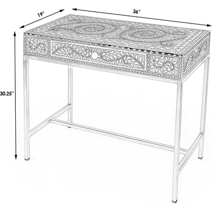 Perilla Writing Desk by Butler Specialty Company in black and white,gold and black bone. Made from bone inlay, mdf, resin, iron, mango wood in a eclectic & global style.