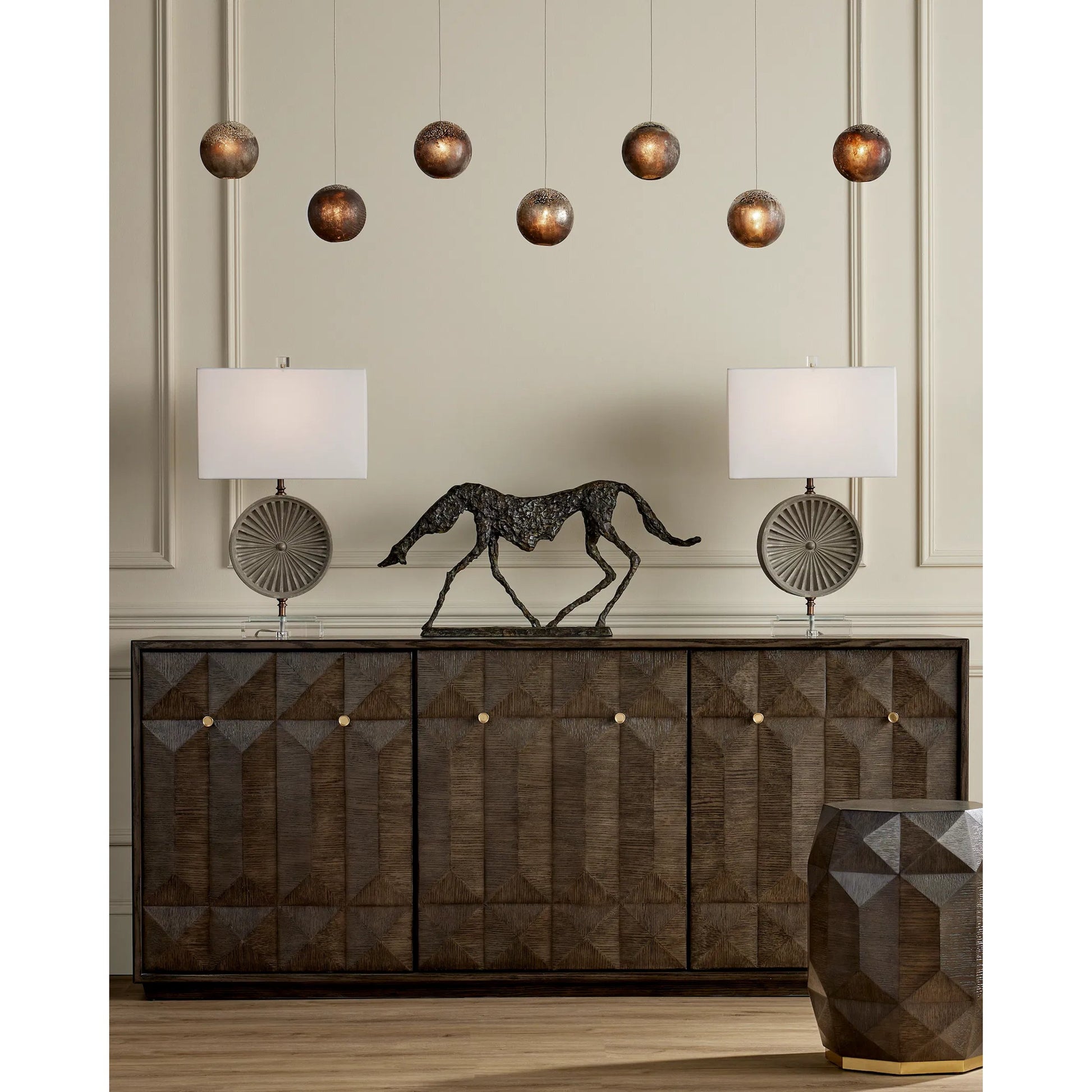 Pathos Rectangular 7-LIGHT Multi-Drop Pendant by Currey and Company in antique silver, antique gold, matte charcoal, silver. Made from glass in a modern style.