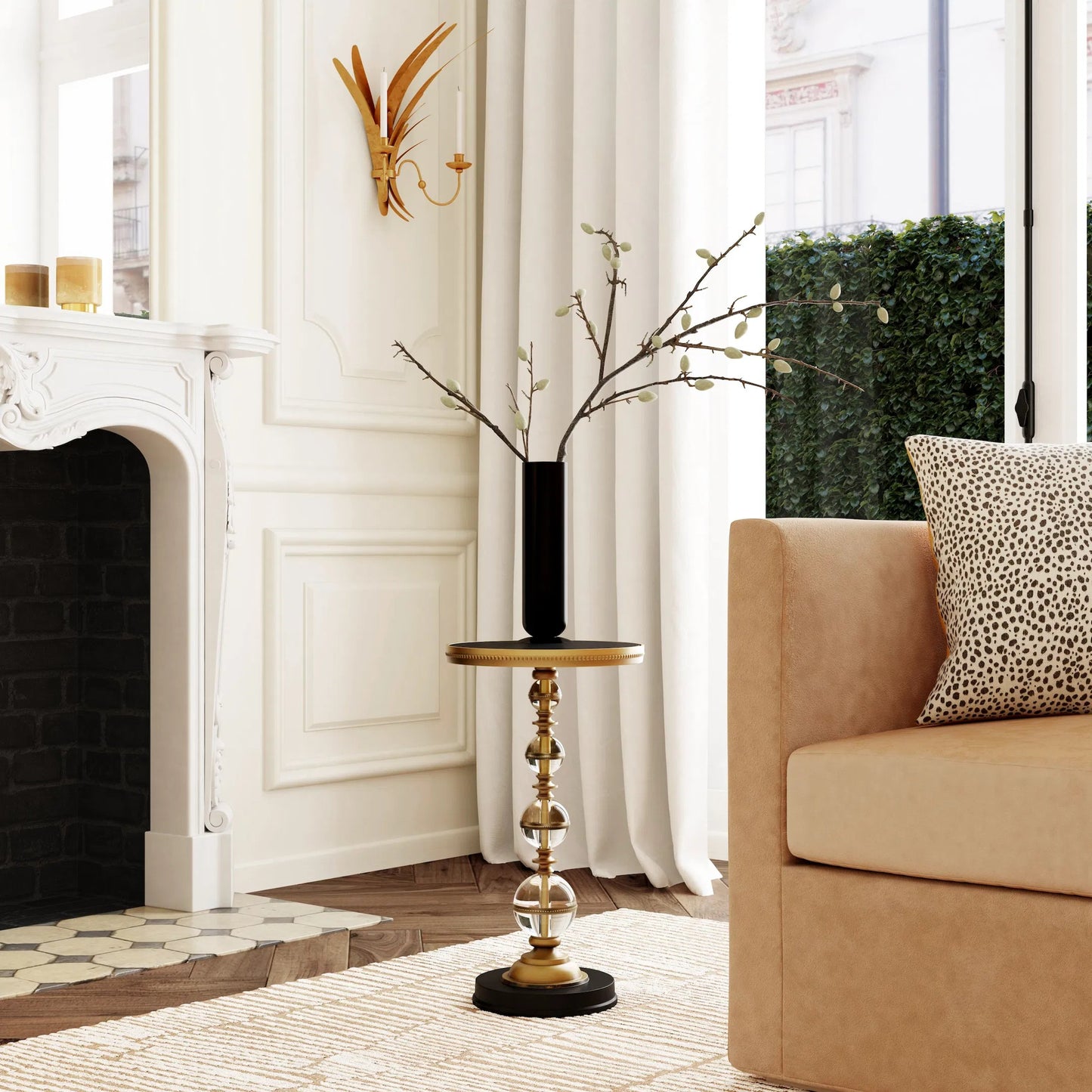 006 SR-910328 | Lifestyle | Forella Pedestal End Table by Butler Specialty Company in black,bronze,clear and butler loft. Made from granite, acrylic, aluminum, iron in a traditional style.