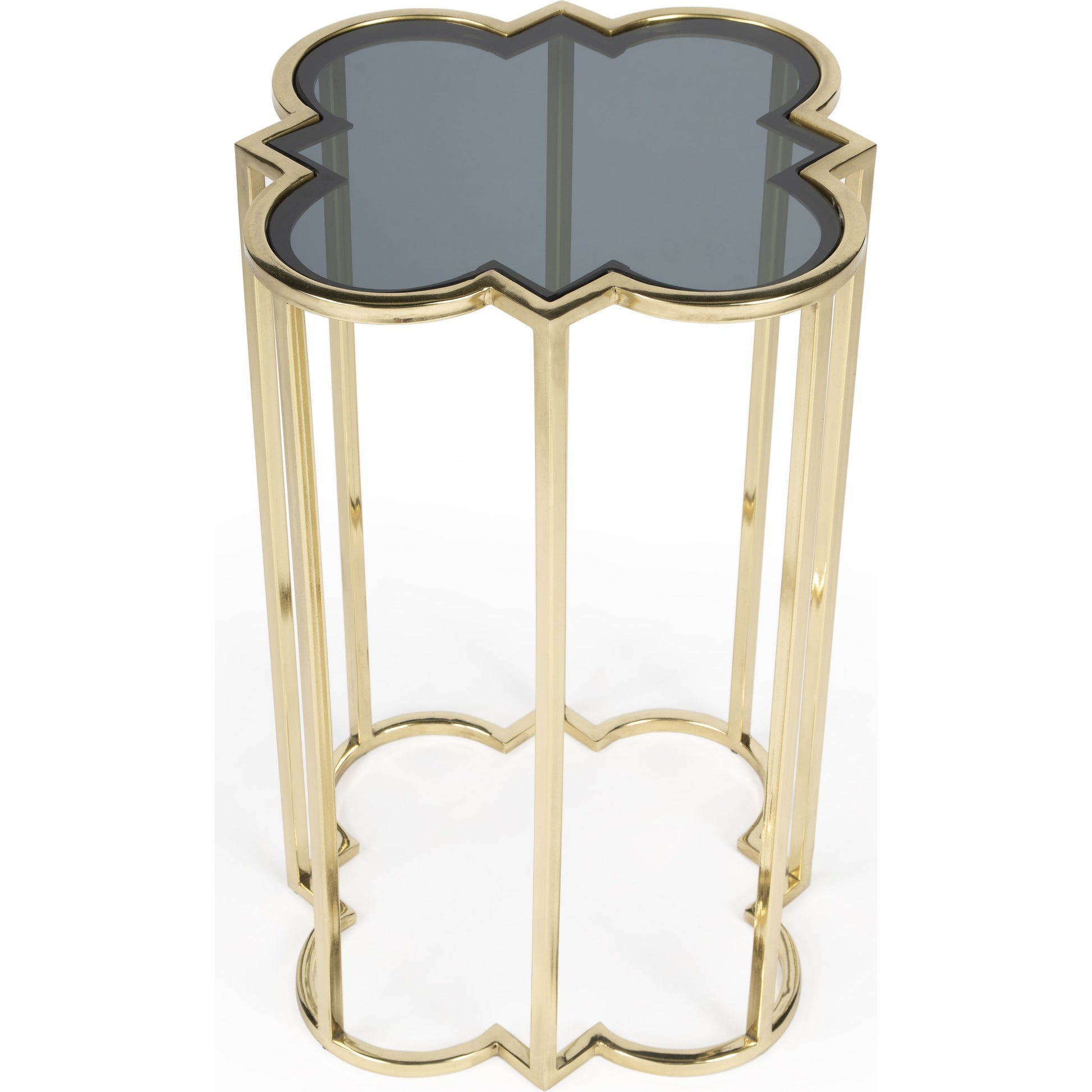 Auroria Accent Table by Butler Specialty Company in black,gold and antique gold. Made from stainless steel, black glass in a transitional style.