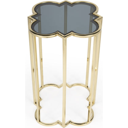 Auroria Accent Table by Butler Specialty Company in black,gold and antique gold. Made from stainless steel, black glass in a transitional style.