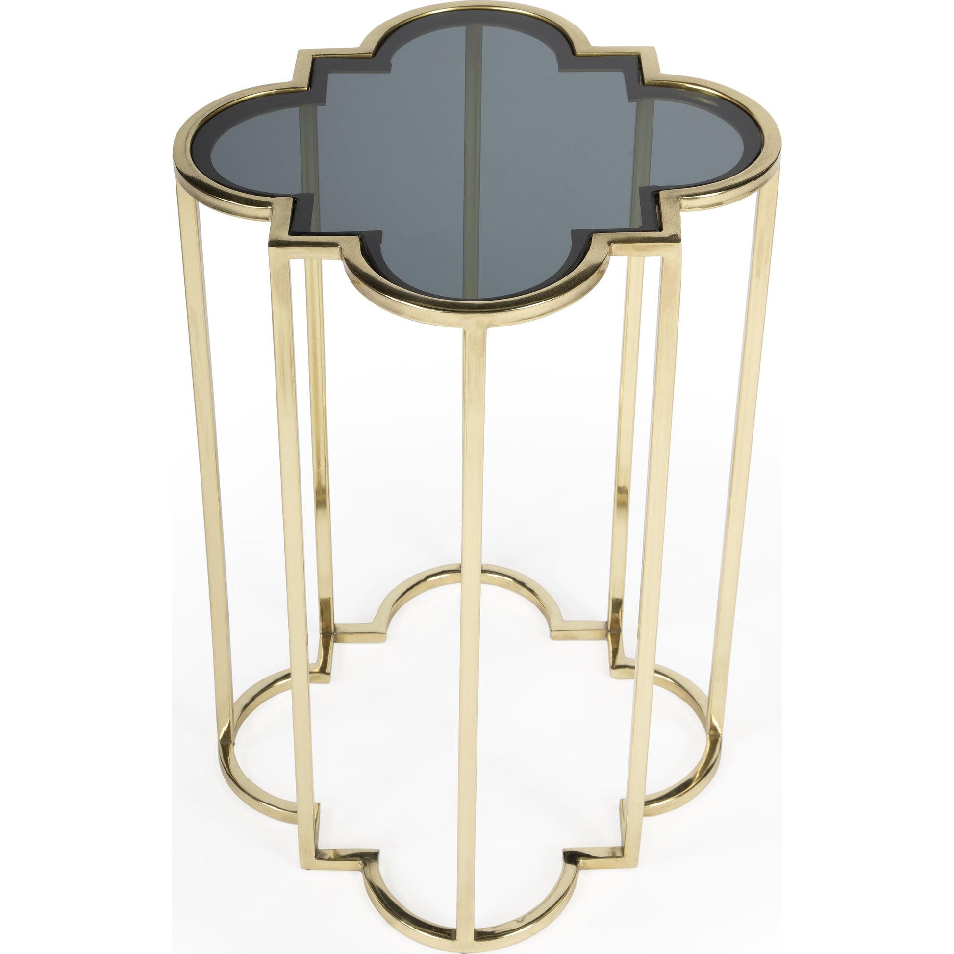 Auroria Accent Table by Butler Specialty Company in black,gold and antique gold. Made from stainless steel, black glass in a transitional style.