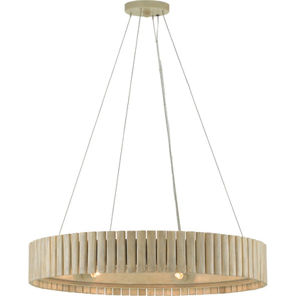Tetterby Chandelier by Currey and Company in light taupe, smokewood. Made from wrought iron, bamboo in a coastal style.