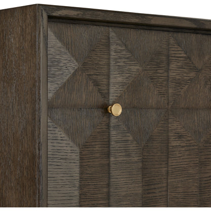 Kendall Credenza by Currey and Company in dove gray, polished brass. Made from oak solids, veneers, brass in a transitional style.