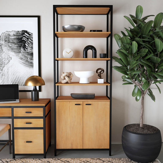 Hans 2-Door Etagere by Butler Specialty Company in natural. Made from mango wood, gamelina veneer, mdf, iron, bronze in a modern style.
