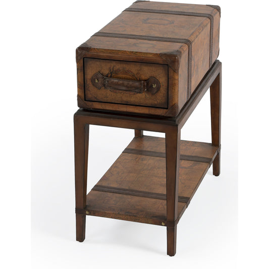 Vasco End Table by Butler Specialty Company in brown and heritage. Made from carb plywood, map paper, gemelina wood, buffalo, kara faux leather in a eclectic & global style.